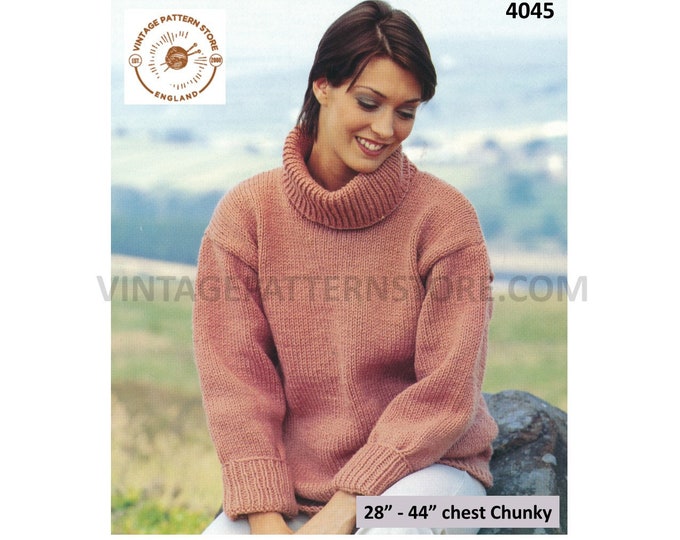 Ladies Womens 90s simple and easy to knit polo neck drop shoulder chunky dolman sweater jumper pdf knitting pattern 28" to 44" download 4045