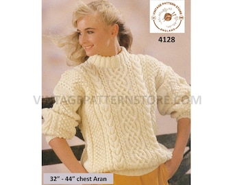 Womens Mens 90s crew neck Celtic cable panel cabled drop shoulder aran dolman sweater jumper pdf knitting pattern 32" to 44" Download 4128