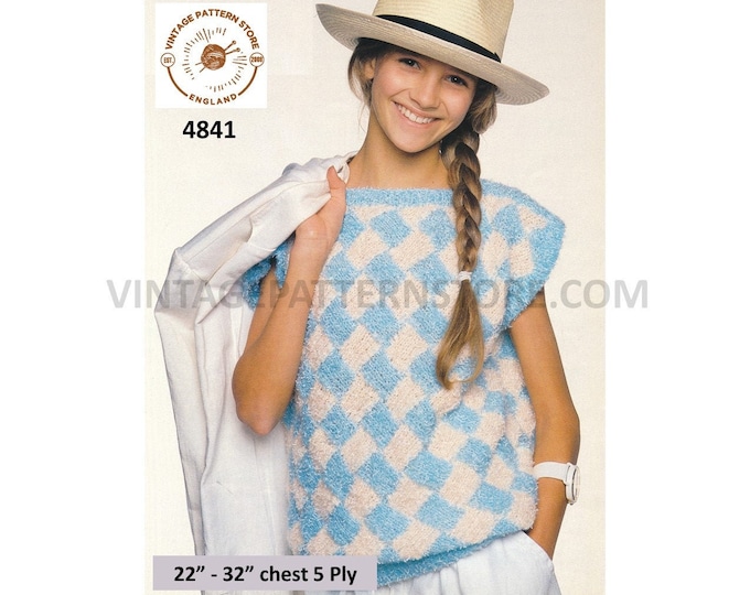 GIrls 90s slash neck diamond check cap sleeve slipover sleeveless sweater vest Summer top pdf knitting pattern 22" to 32" PDF Download 4841