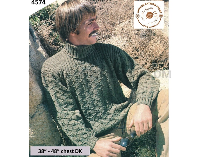 Mens Mans 80s vintage polo neck turtleneck rib panel textured ribbed DK raglan sweater jumper pdf knitting pattern 38" to 48" Download 4574