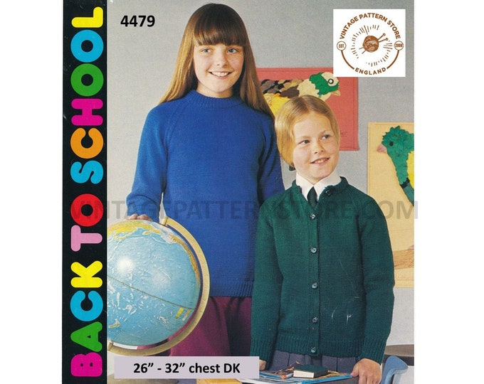 Girls 70s vintage plain and simple easy to knit round neck DK raglan cardigan & sweater pdf knitting pattern 26" to 32" Download 4479