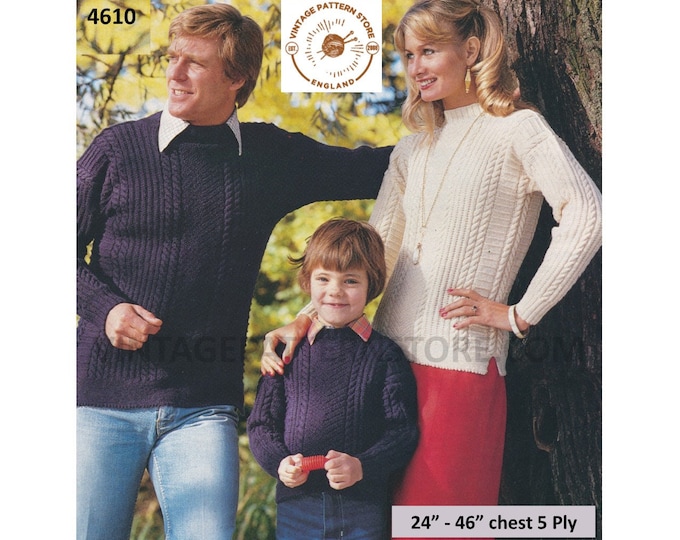 Womens Mens Boys Girls Family 5 ply crew neck cable cabled and textured raglan sweater jumper pdf knitting pattern 24" to 46" Download 4610