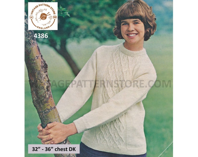 Ladies Womens Girls 70s vintage crew neck cabled cable panel raglan aran sweater jumper pdf knitting pattern 32" to 36" chest Download 4386