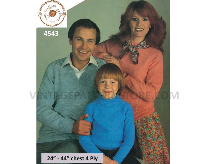 Womens Mens Girls Boys 80s 4 ply plain simple quick & easy to knit raglan sweater jumper pdf knitting pattern 24" to 44" Download 4543