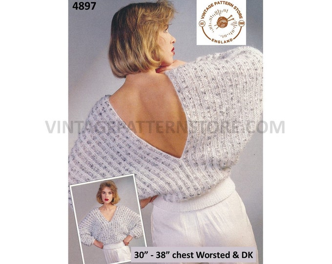 Ladies Womens 90s Worsted & DK V neck backless striped batwing sweater jumper pdf knitting pattern 30" to 38" Download 4897