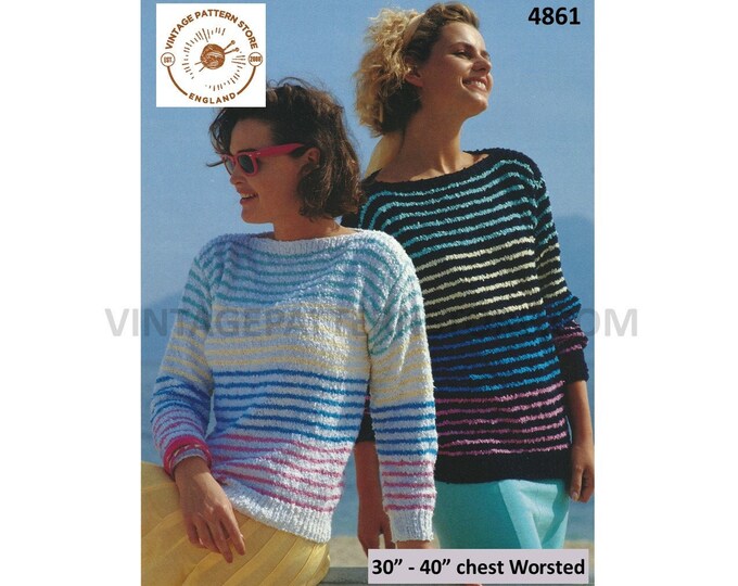 Womens 90s Worsted slash neck multi coloured striped drop shoulder raglan sweater jumper pdf knitting pattern 30" to 40" PDF Download 4861