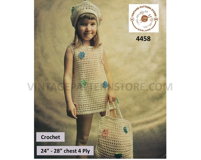 Girls 70s vintage crochet picot edge sleeveless mini dress beret hat and tote shopping bag pdf crochet pattern 24" to 28" PDF Download 4458
