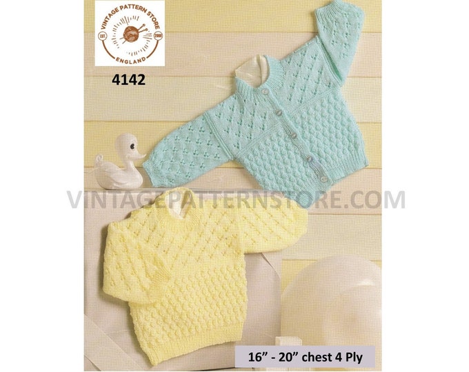 Baby Babies 90s round neck lacy & textured 4 ply raglan sweater jumper and cardigan pdf knitting pattern 16" to 20" chest PDF Download 4142