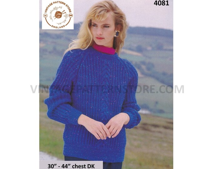Ladies Womens 90s crew neck cabled cable panel ribbed raglan DK sweater jumper pdf knitting pattern 30" to 44" Instant download 4081