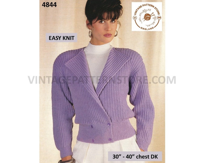 Womens 90s DK fun quick and easy to knit V neck crossover drop shoulder raglan jacket coat pdf knitting pattern 30" to 40" Download 4844