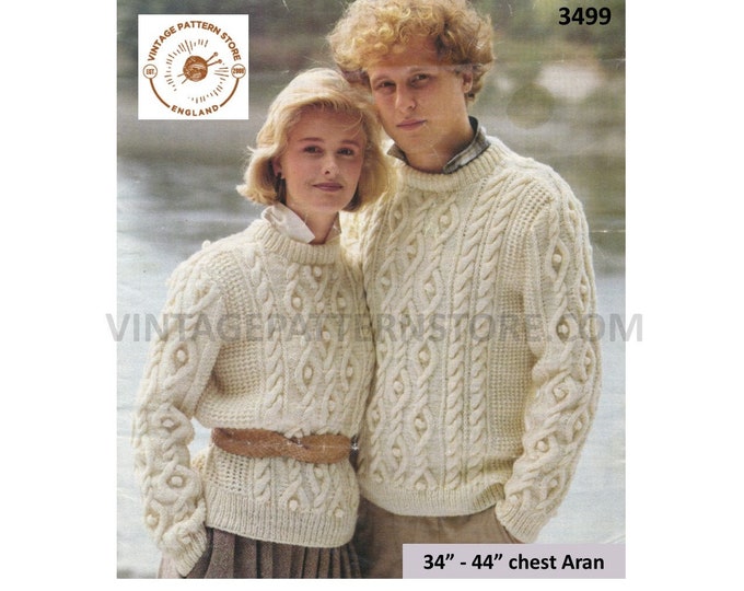 Ladies Womens Mens 90s crew neck cabled cable and texture panel aran raglan sweater jumper pdf knitting pattern 34" to 44" PDF download 3499