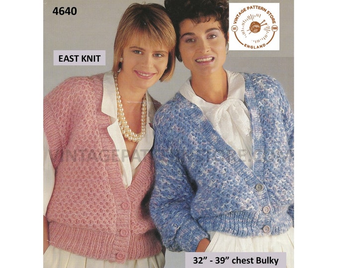 Womens 90s bulky chunky quick & easy to knit V neck waistcoat and drop shoulder cardigan pdf knitting pattern 32" to 39" Download 4640