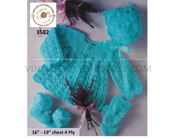 Baby Babies 80s vintage 4 ply layette pram set lacy matinee coat bonnet booties mittens pdf knitting pattern 16" to 19" chest Download 3582