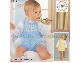 Baby Babies 80s vintage DK romper play suit and shirt neck sweater & pinafore dress pdf knitting pattern 18" to 20" chest PDF download 3619