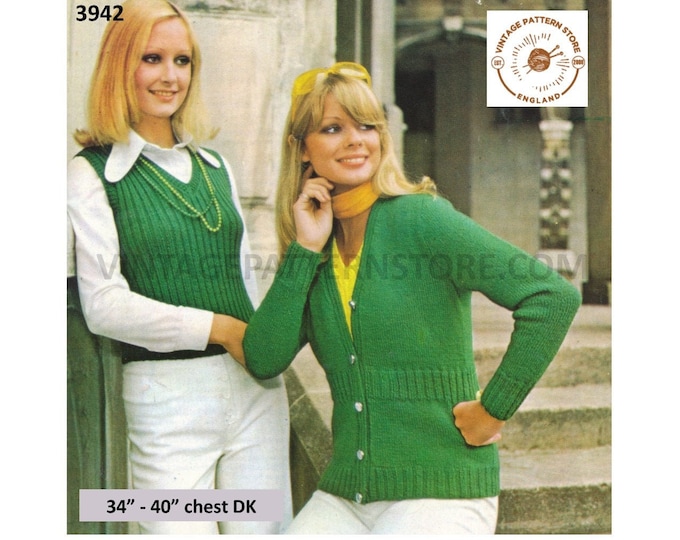 Ladies Womens 70s vintage DK V neck rib panel raglan cardigan & ribbed slipover sweater vest pdf knitting pattern 34" to 40" Download 3942