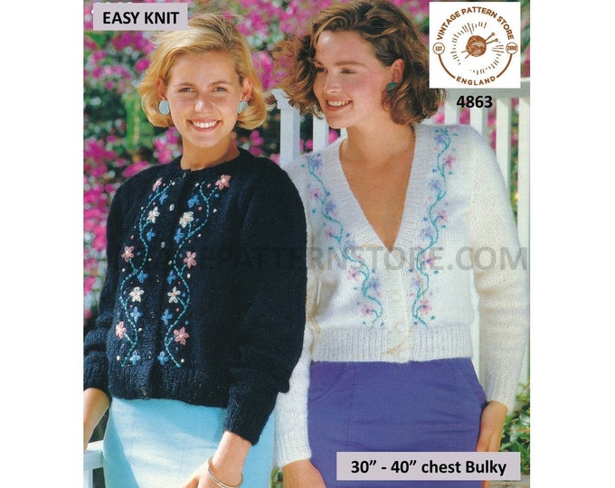 Womens 90s Bulky quick & easy to knit V or round neck raglan cardigan with opt embroidery pdf knitting pattern 30" to 40" PDF Download 4863