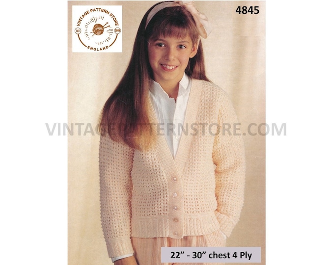 Girls 90s fun simple quick and easy to knit plain 4 ply V neck raglan cardigan pdf knitting pattern 22" to 30" Instant PDF Download 4845