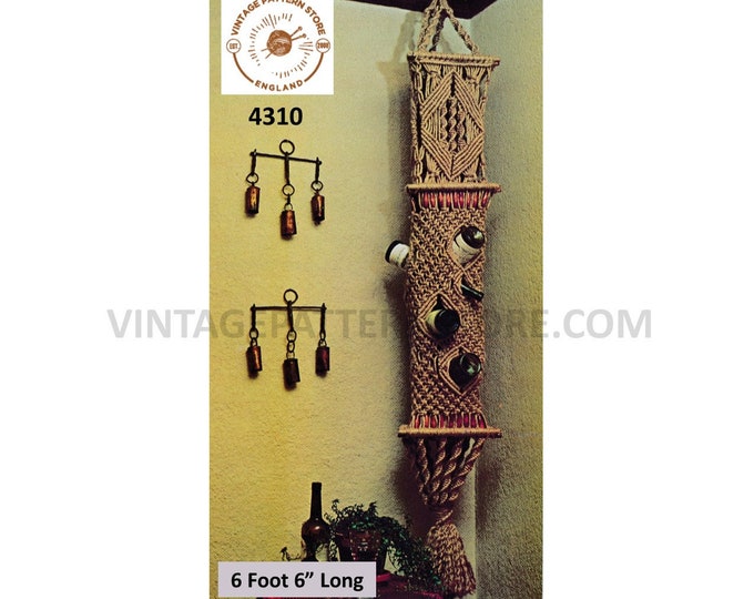 70s vintage suspension hanging macrame wine rack hanger pdf macrame pattern 6 foot 6" long Instant PDF Download 4310
