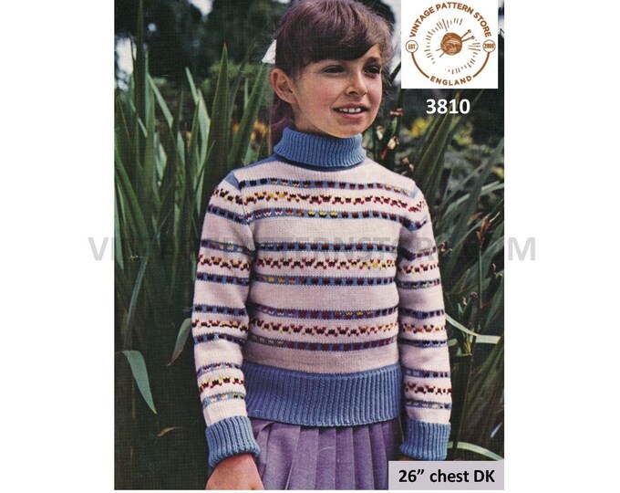 Girls 70s vintage easy to knit fair isle banded polo turtleneck raglan DK sweater jumper pdf knitting pattern 26" chest PDF download 3810