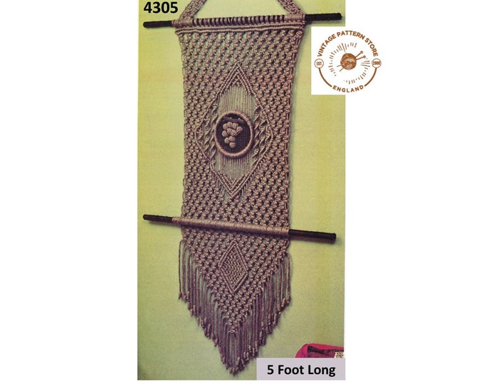 70s vintage rectangular macrame wall hanging pdf macrame pattern 5 foot long Instant PDF Download 4305