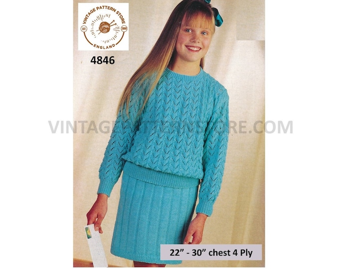 Girls 90s 4 ply round neck zigzag eyelet lace striped lacy raglan sweater jumper & midi skirt pdf knitting pattern 22" to 30" Download 4846