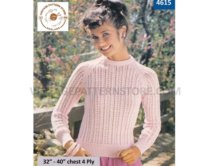 Ladies Womens 80s vintage round neck 4 ply eyelet lace striped lacy raglan sweater jumper pdf knitting pattern 32" to 40" PDF Download 4615