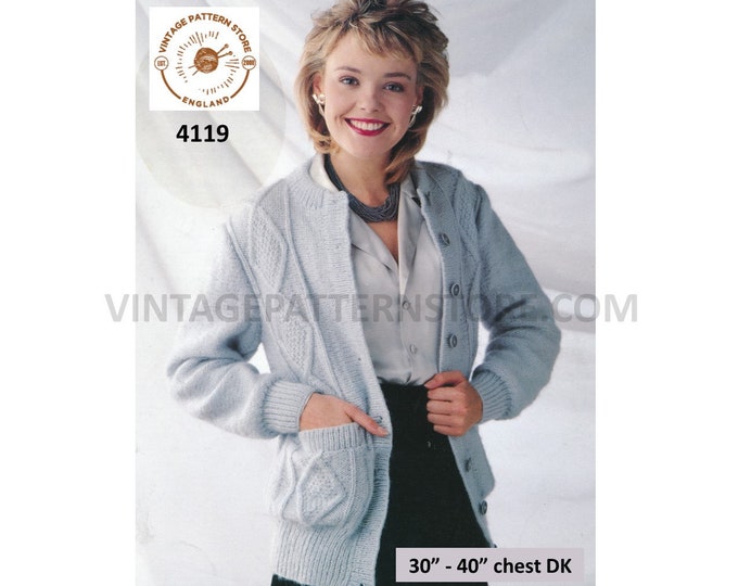 Ladies Womens 90s round neck long line cabled cable panel DK drop shoulder dolman cardigan pdf knitting pattern 30" to 40" download 4119