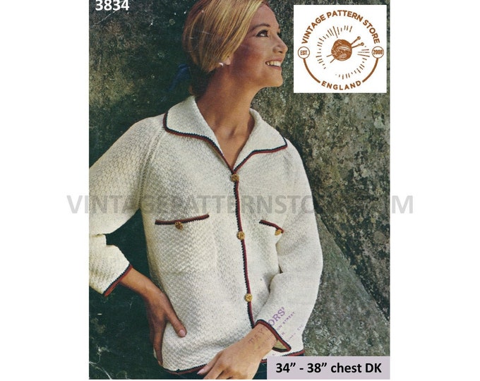 Ladies Womens 70s vintage Chanel style V neck textured raglan DK jacket cardigan pdf knitting pattern 34" to 38" Chest Instant download 3834
