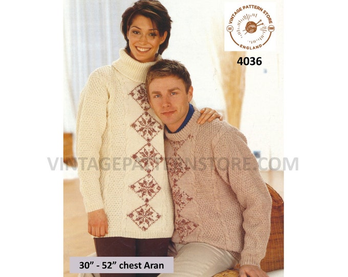 Womens Mens 90s crew polo neck fair isle cable oversized plus size extra large aran sweater pdf knitting pattern 36" to 52" download 4036