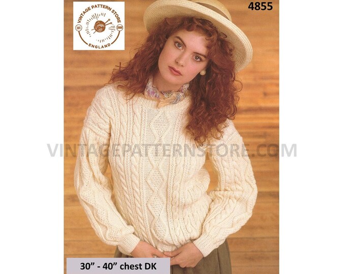 Ladies Womens 90s DK round neck cable cabled drop shoulder raglan sweater jumper pdf knitting pattern 30" to 40" Instant PDF Download 4855