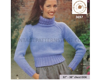 Ladies Womens 80s vintage plain and simple easy to knit polo neck raglan DDK sweater jumper pdf knitting pattern 32" to 38" Download 3697