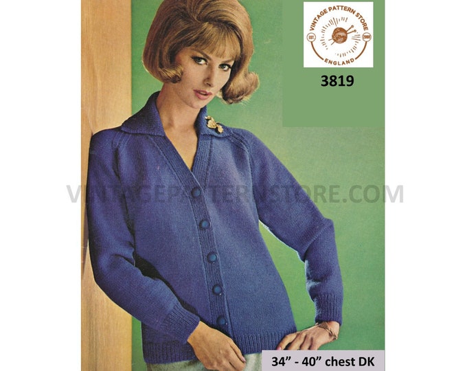 Ladies Womens 70s vintage easy to knit collared V neck raglan DK cardigan pdf knitting pattern 34" to 40" chest Chest PDF download 3819