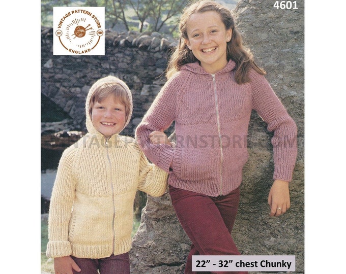 Girls and Boys beginners quick fun simple and easy to knit zipper raglan hoodie jacket pdf knitting pattern 22" to 32" Instant Download 4601