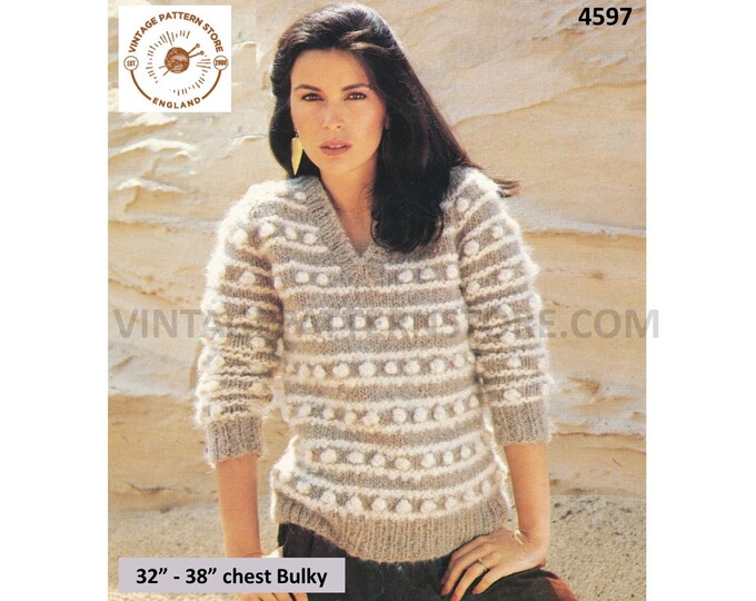 Womens 80s vintage V neck cabled bobble cable and striped bulky knit raglan sweater jumper pdf knitting pattern 32" to 38" Download 4597