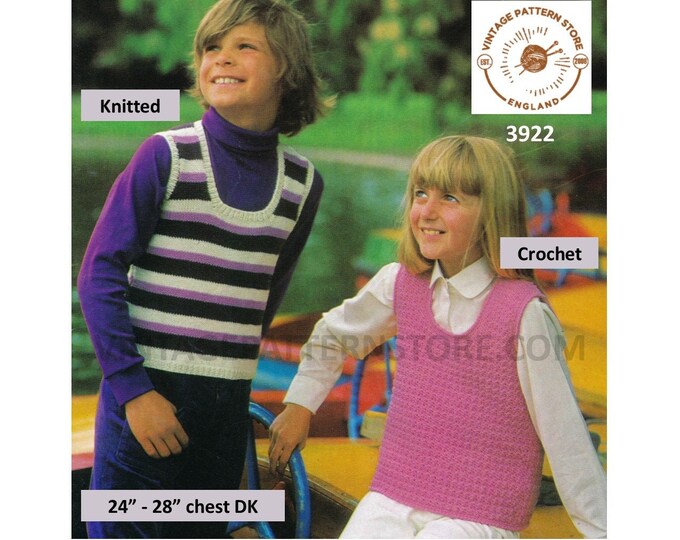 Boys Girls 70s vintage DK scoop neck striped tank top pdf knitting pattern & textured tank top crochet pattern 24" to 28" PDF download 3922
