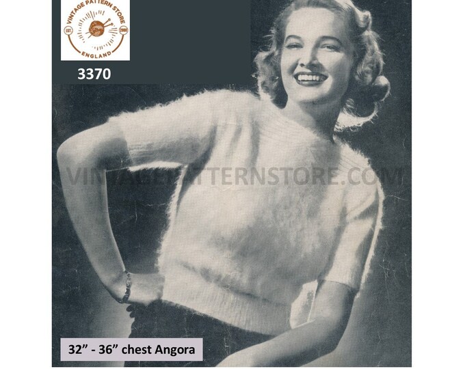 Ladies Womens 40s vintage angora short sleeve raglan Summer sweater jumper pdf knitting pattern 32" to 36" Instant PDF Download 3370