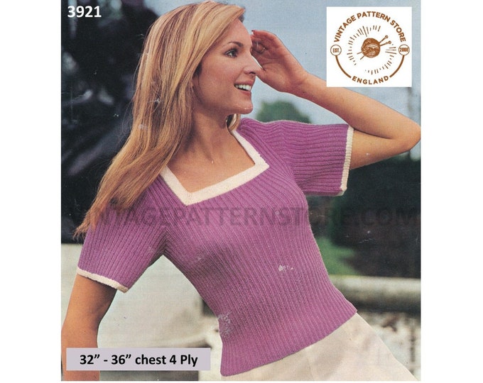 Womens 70s 4 ply square neck skinny rib ribbed short raglan sleeve Summer sweater jumper pdf knitting pattern 32" to 36" PDF download 3921
