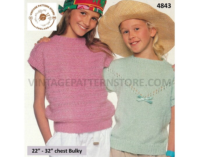 Girls 90s bulky knit cap sleeve lacy lace & plain round neck slipover sleeveless sweater vest pdf knitting pattern 22" to 32" Download 4843