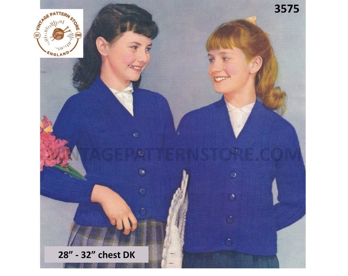 Girls 50s vintage DK V neck rib ribbed raglan cardigan with pockets pdf knitting pattern 28" to 32" chest Instant PDF download 3575