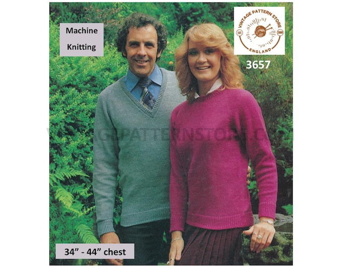 Ladies Womens Mens 80 vintage round and V neck plain and simple raglan sweater jumper machine knitting pattern 34" to 44" PDF download 3657