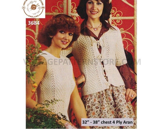 Ladies Womens 80s 4 ply short sleeve cable raglan cardigan & round neck slipover sweater vest pdf knitting pattern 32" to 38" Download 3684