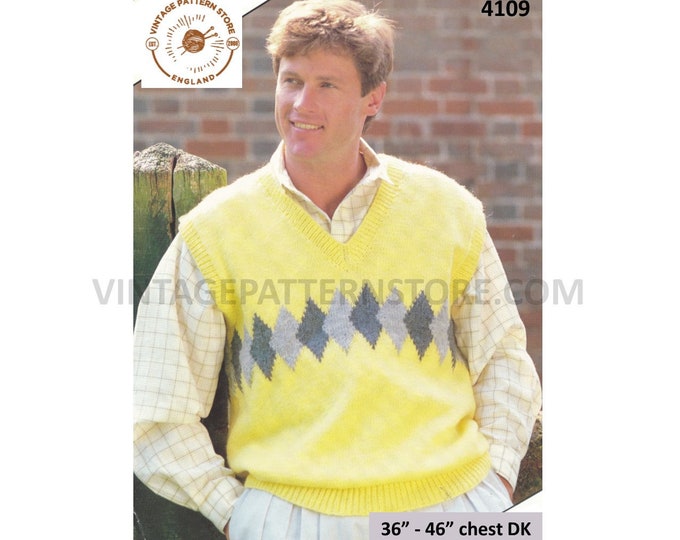 Mens Mans 90s V neck DK cap sleeve diamond intarsia sleeveless slipover sweater vest tank top pdf knitting pattern 36" to 46" download 4109