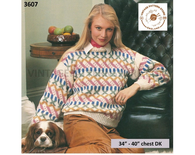 Ladies Womens 80s vintage crew neck drop shoulder dolman fair isle sweater jumper pdf knitting pattern 34" to 40" bust PDF download 3607