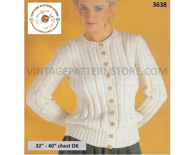Ladies Womens 80s vintage round neck cable striped cabled raglan DK cardigan pdf knitting pattern 32" to 40" Instant PDF download 3638