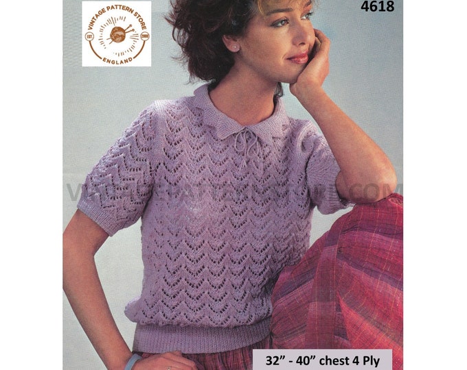 Womens 80s vintage 4 ply round neck frilly collar short sleeve eyelet lace lacy raglan sweater pdf knitting pattern 32" to 40" Download 4618