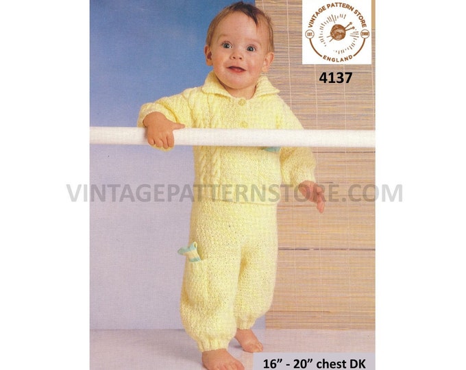 Baby Babies 90s shirt neck cable cabled drop shoulder dolman DK sweater jumper & trousers pdf knitting pattern 16" to 20" download 4137