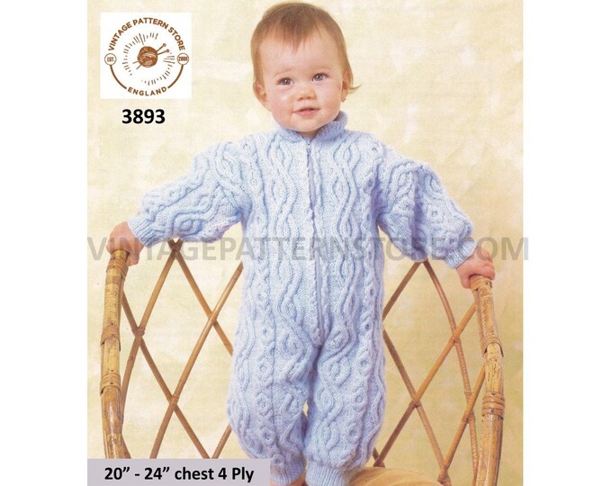 Baby Babies 90s 4 ply round neck zipped cabled drop shoulder all in one romper play suit pdf knitting pattern 20" to 24" PDF download 3893