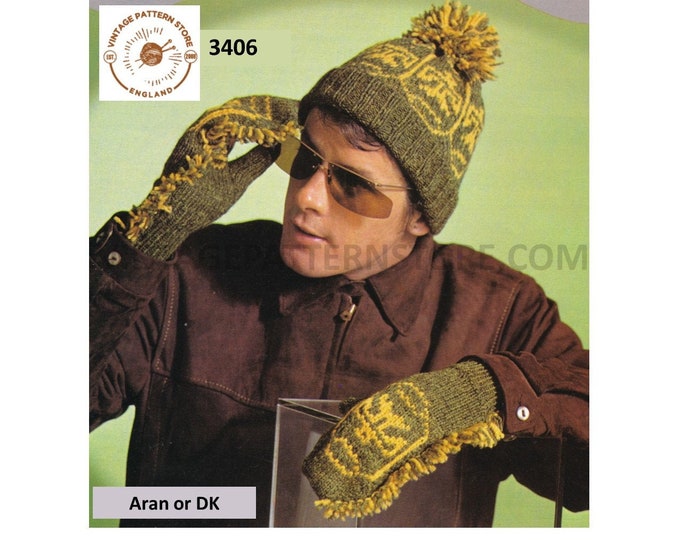 Mens 60s gloves and mittens knitting pattern, Mens 60s Thunderbirds motif hat cap and mittens knitting pattern - PDF Download 3406