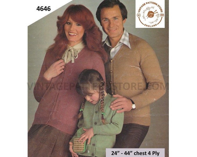 Ladies Womens Mens Boys Girls 80s family plain and simple easy to knit 4 ply raglan cardigan pdf knitting pattern 24" to 44" Download 4646