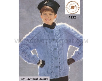 90s Chunky Cardigan Knitting Pattern, Leaf Cable Design 32-42" Bust (PDF Pattern)